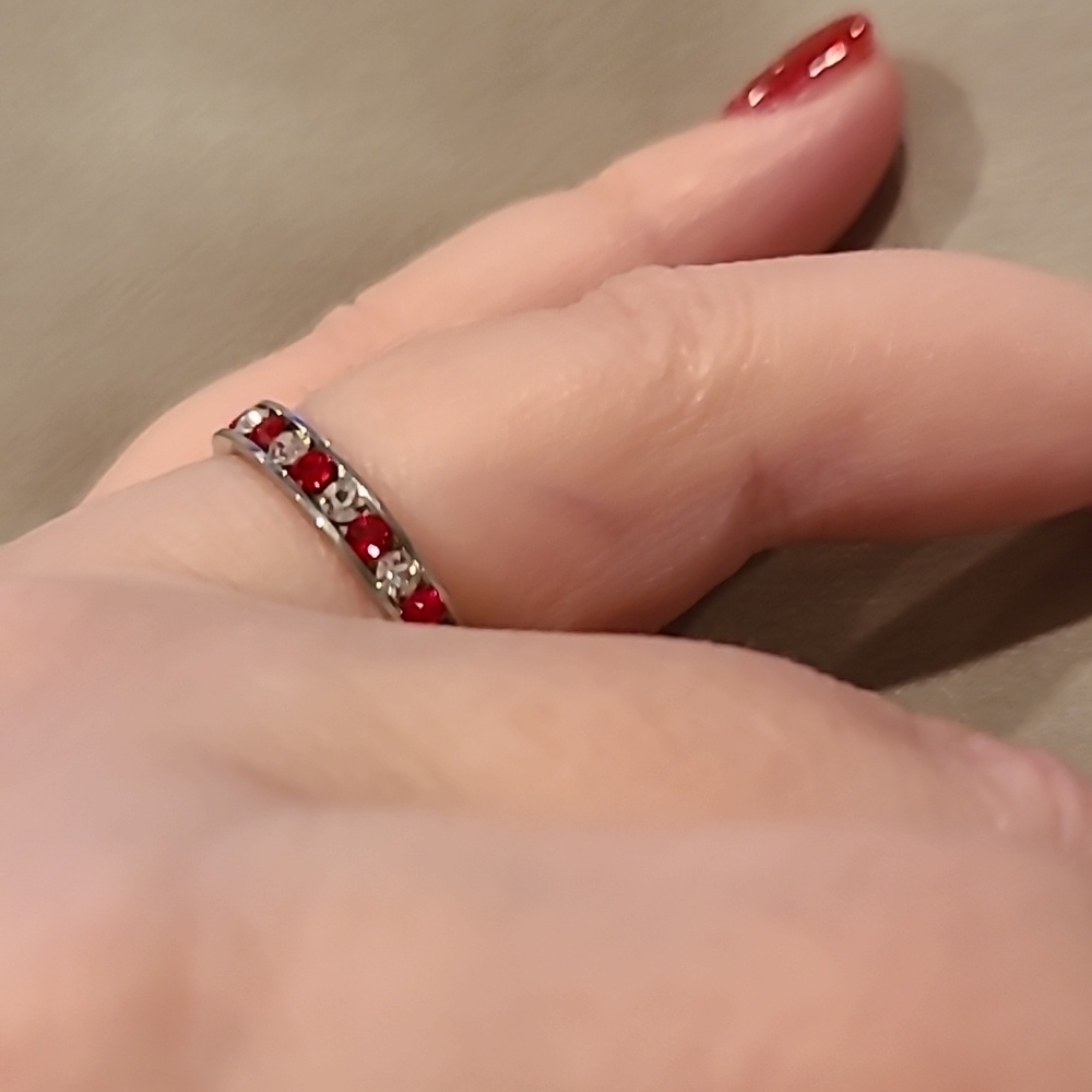Channel set red and clear stones cubic zirconia stainless steel eternity ring - Picture 4 of 9